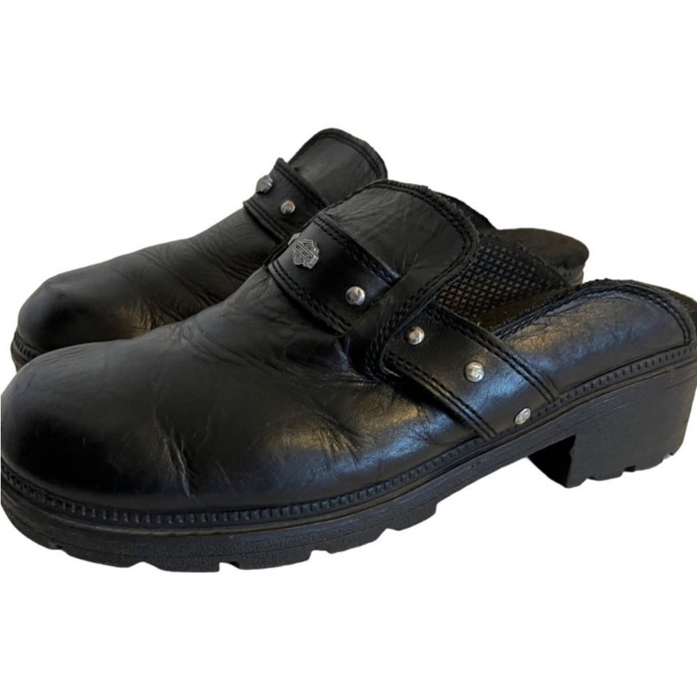 Harley Davidson Black Leather Platform Lug Sole Slide Clogs Size 7